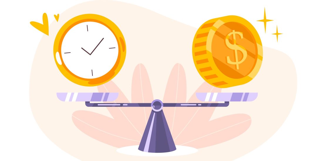 Time is money balance on scale icon. Concept of time management, economy and investment. Comparison work and value, financial profit. Vector flat illustration of coins, cash and watch on seesaw.