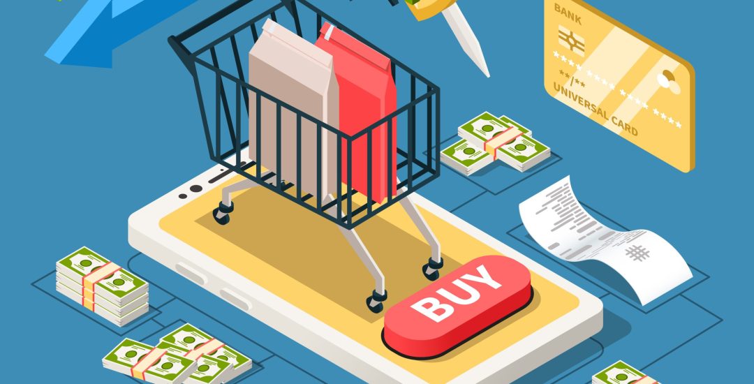 Receipt bill online shopping isometric composition with pictograms and bought goods in trolley cart on smartphone vector illustration