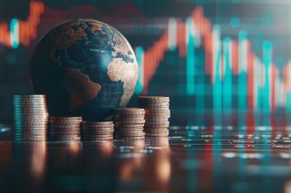 3d earth globe with coins and stock chart representing global financial market dynamics