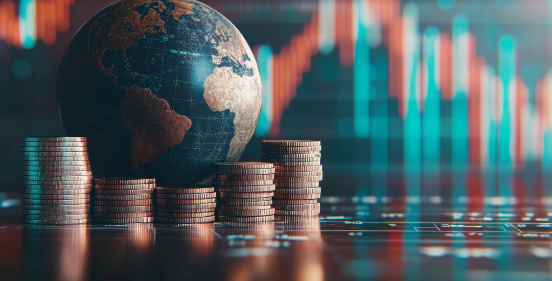 3d earth globe with coins and stock chart representing global financial market dynamics