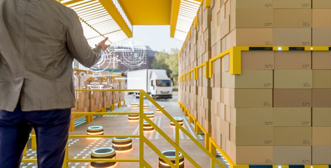 Automated robot carriers in modern distribution warehouse.