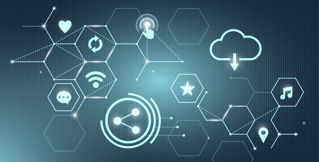 Blue social network technology icons background vector