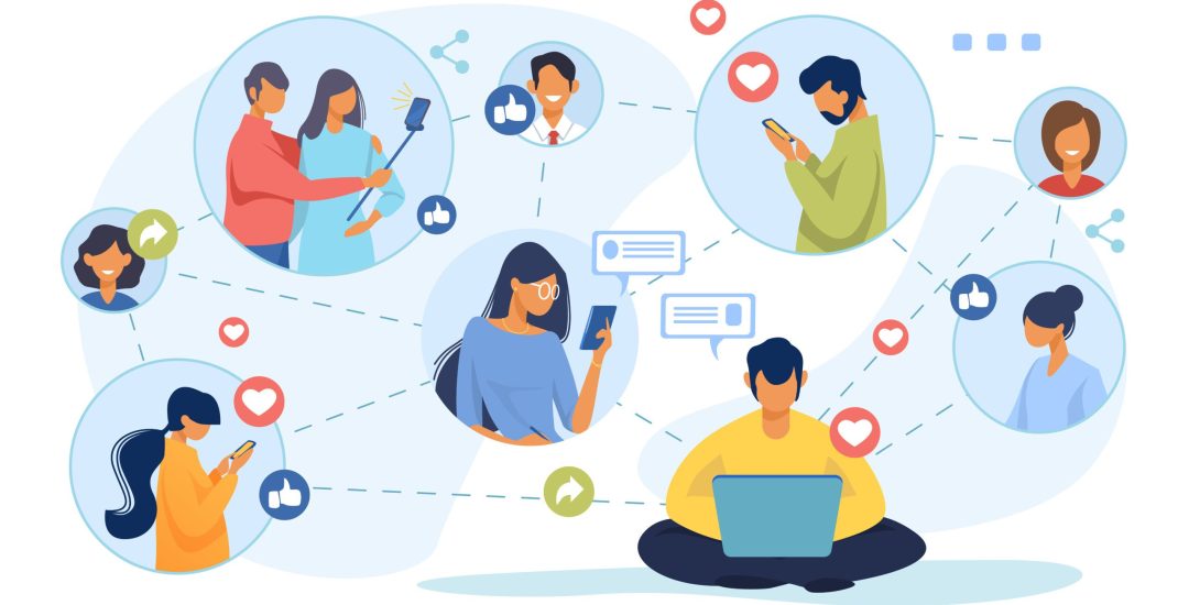 Social media network. Connected users taking pictures, posting, chatting flat vector illustration. Internet, connection, communication concept for banner, website design or landing web page