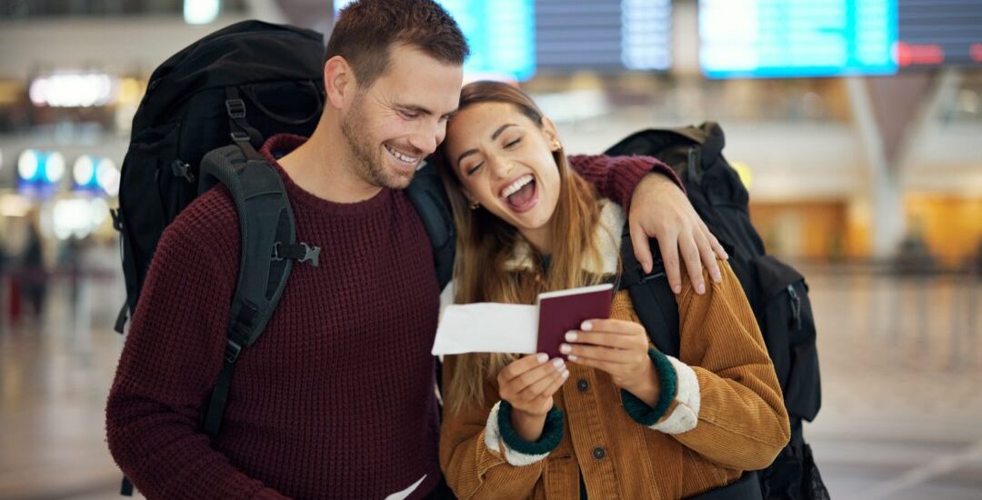 Ticket,,Travel,And,Couple,At,Airport,With,Passport,Talking,,Chatting