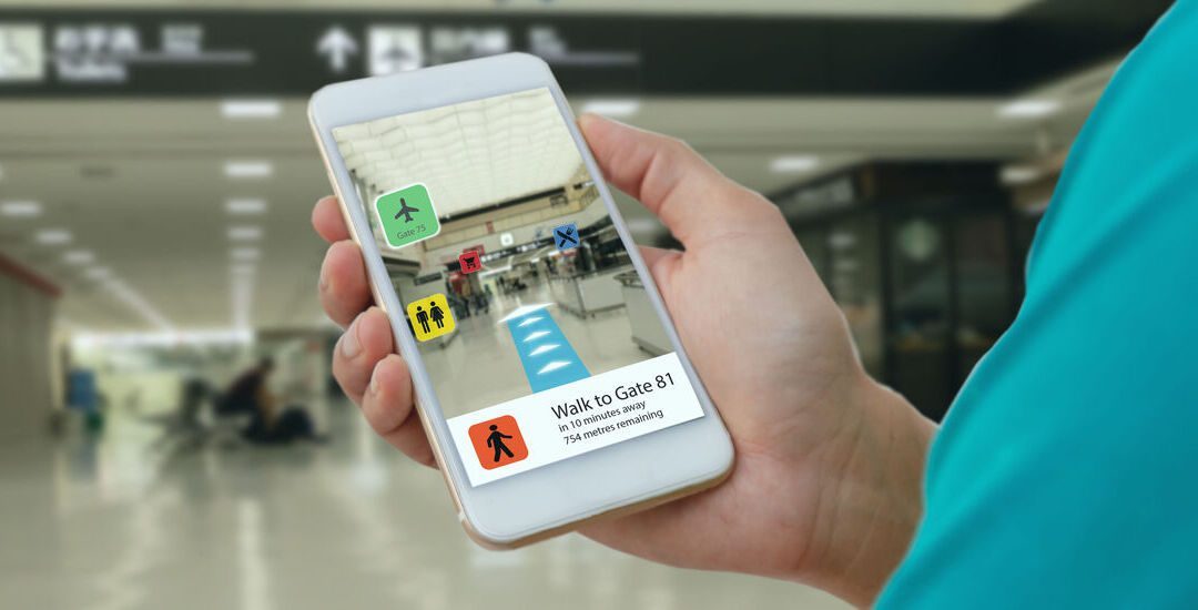 smart technology in industry mobile 4.0 or 5.0 concept , user use mobile phone with augmented mixed virtual reality technology in real 3d for show the map,shop,  and walk way path to gate in airport