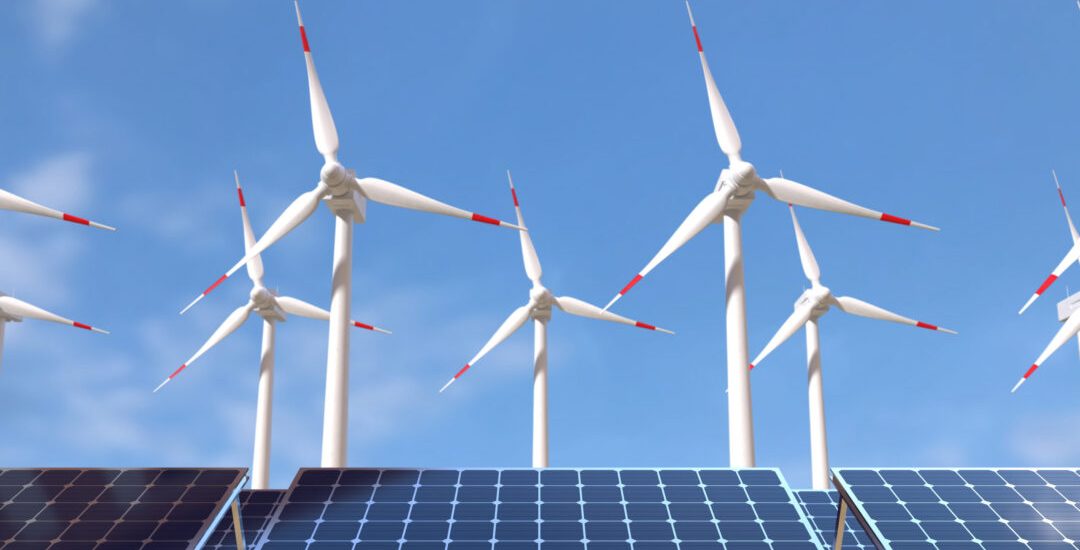 Solar panels and wind turbines, Green energy concept. 3D illustration