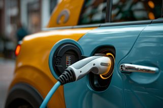 an orange and blue electric car charging on a street, themes of green and eco friendly energy alternatives for vehicles and co2 emission reduction. . High quality photo