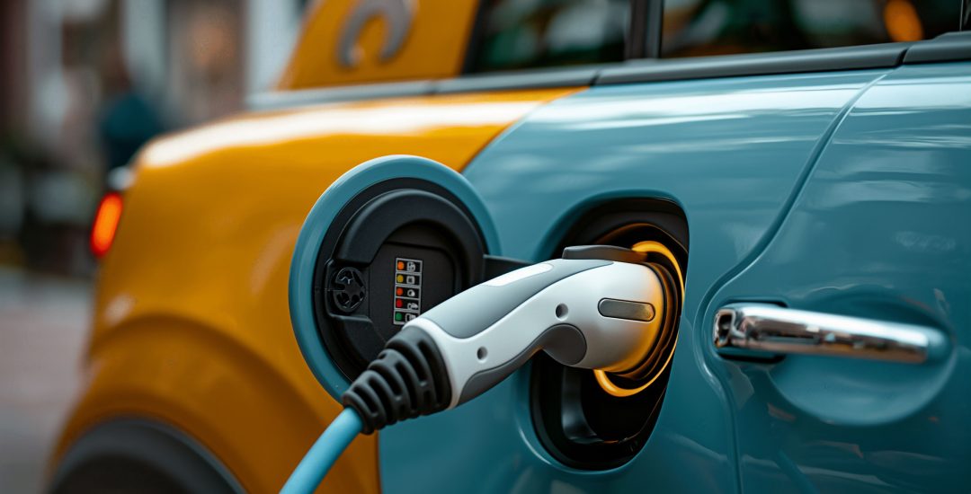 an orange and blue electric car charging on a street, themes of green and eco friendly energy alternatives for vehicles and co2 emission reduction. . High quality photo