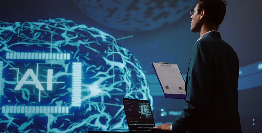 Startup employee looking over business charts, using AI software to take data driven decisions in tech industry. IT expert developing innovative artificial intelligence solutions for company, camera B