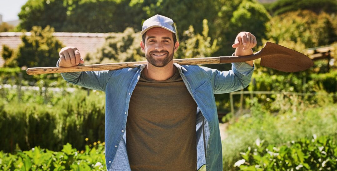 Man, farmer portrait and shovel outdoor, gardening and sustainability project for organic soil. Male person, agriculture and spade for plant harvest in nature, agro confidence and farm for growth.