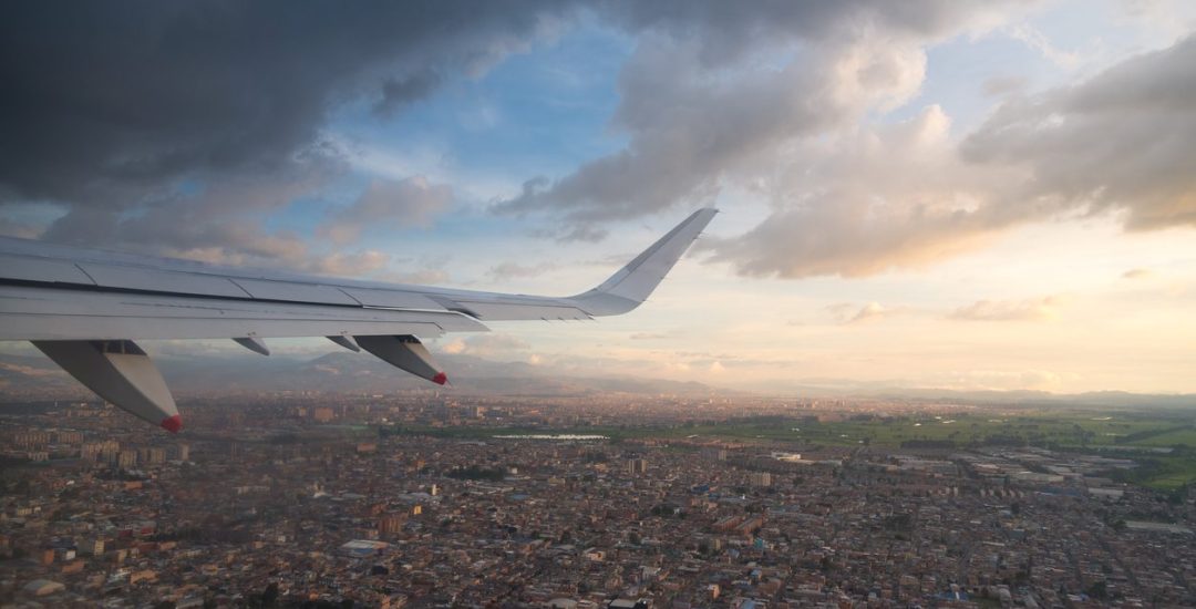 Aerial view of the City of Bogota from the window of a plane when taking off. Colombia.