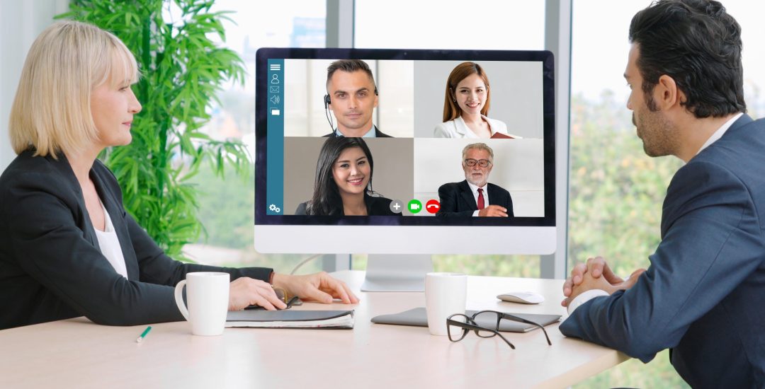 Video call group business people meeting on virtual workplace or remote office. Telework conference call using smart video technology to communicate colleague in professional corporate business.