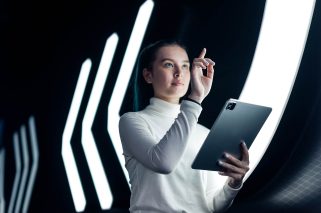 Asian girl pressing on digital screen futuristic technology