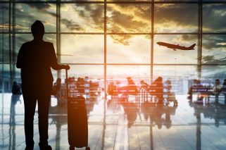 Silhouettes passenger airport. Airline travel concept.