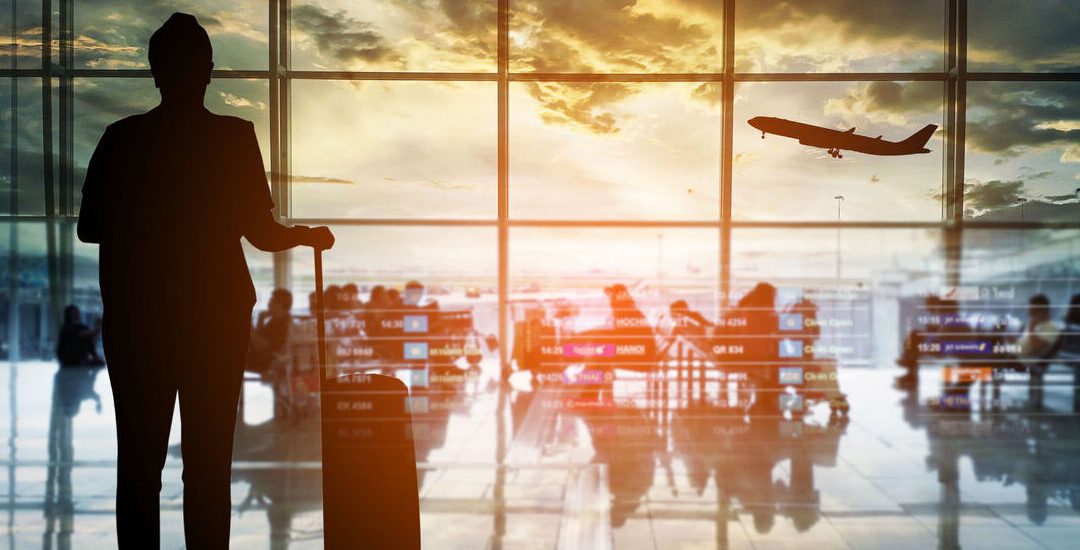 Silhouettes passenger airport. Airline travel concept.