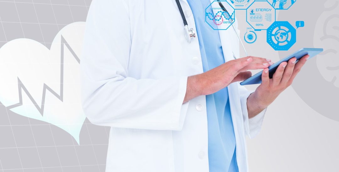 composite image of doctor using digital tablet