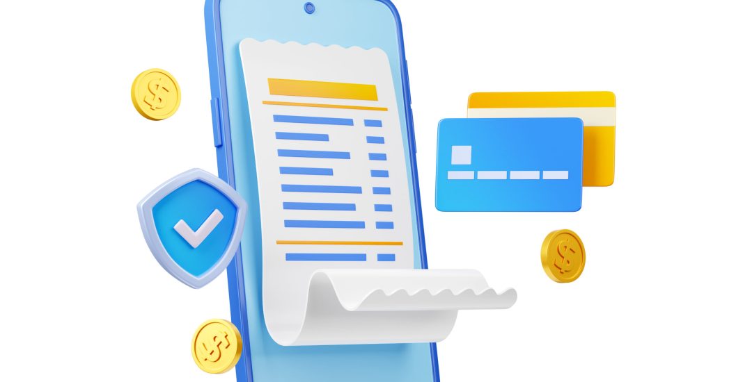 Online payment security concept with mobile phone, bank cards, bill, gold coins and shield with check mark. Safe financial transfer with smartphone, credit cards and receipt, 3d render illustration