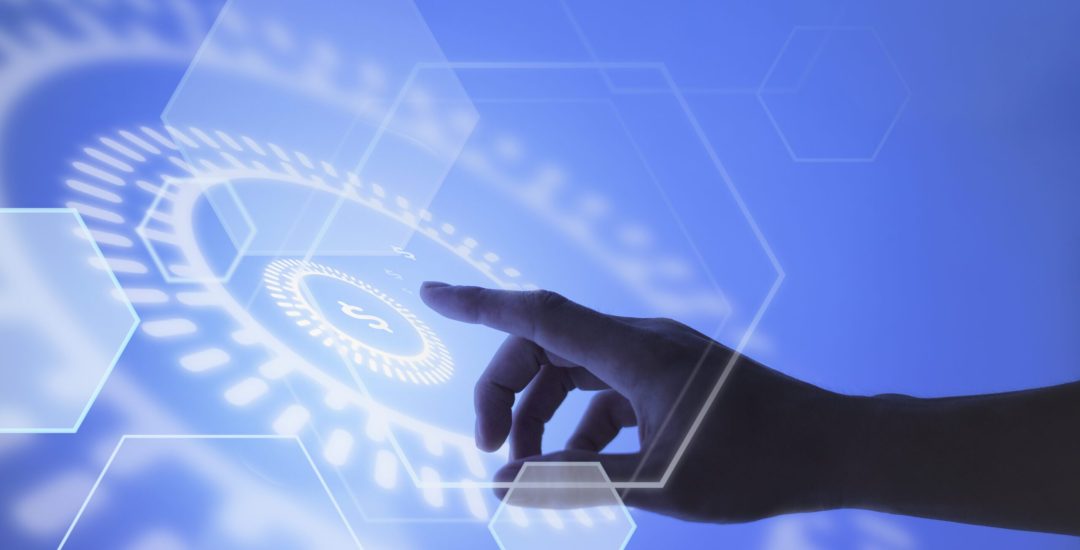 Hand pointing at currency blockchain technology background