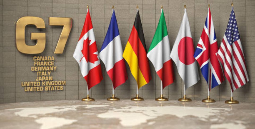 G7 summit or meeting concept. Row from flags of members of G7 group of seven and list of countries, 3d illustration