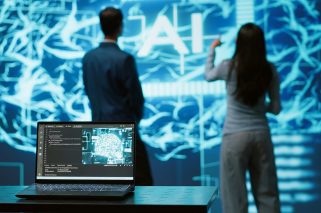 Engineers use AR tech to visualize AI neural networks brain, solving company problems. IT professionals using artificial intelligence augmented reality hologram, camera A