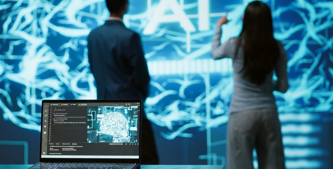 Engineers use AR tech to visualize AI neural networks brain, solving company problems. IT professionals using artificial intelligence augmented reality hologram, camera A