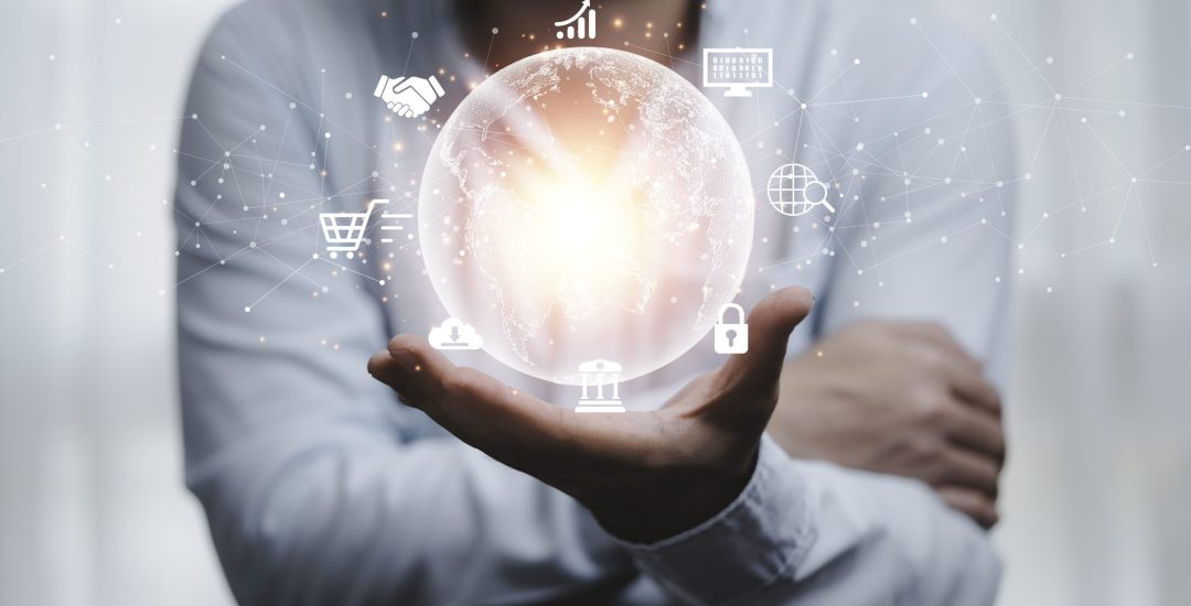 Man hand holding virtual world  with internet connection for metaverse. Global business marketing and banking financial pass thru application technology concept.
