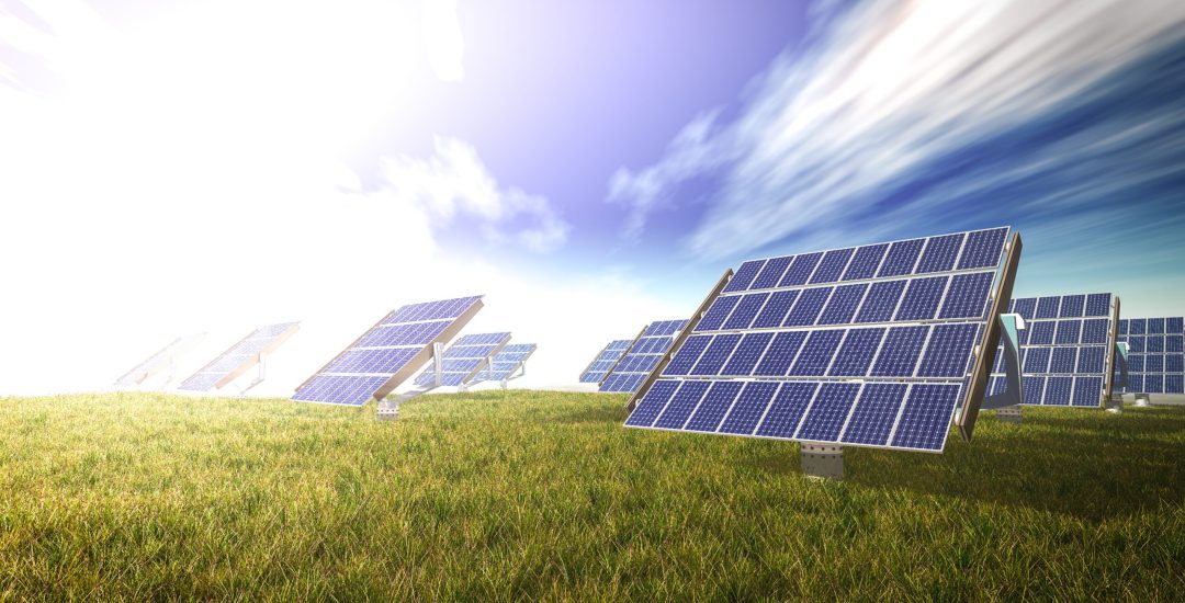 solar cells system on the green world 3d rendering