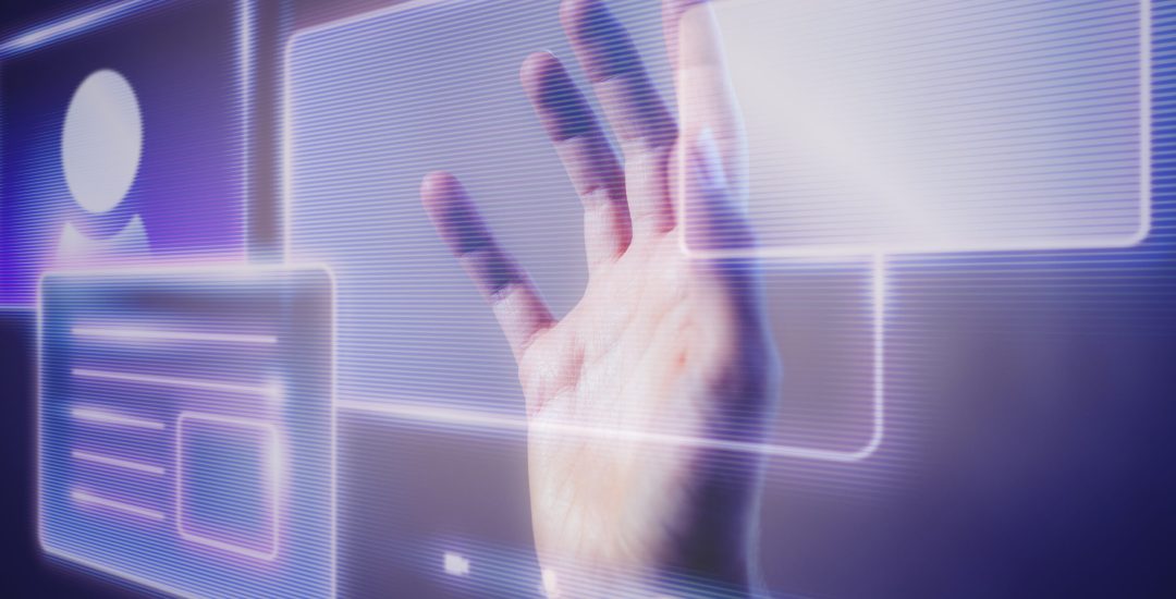 Woman touching a smart technology holographic interface