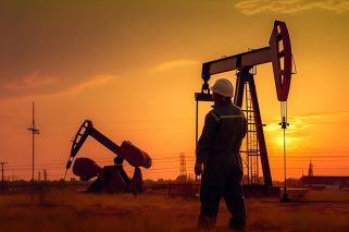Worker and oil rig in sunset, created with Generative AI technology