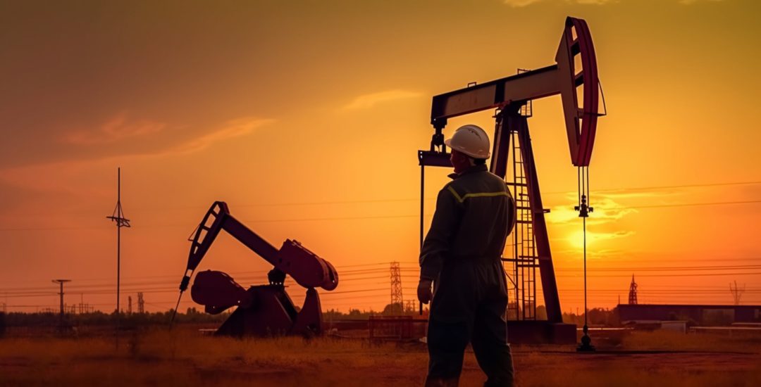 Worker and oil rig in sunset, created with Generative AI technology